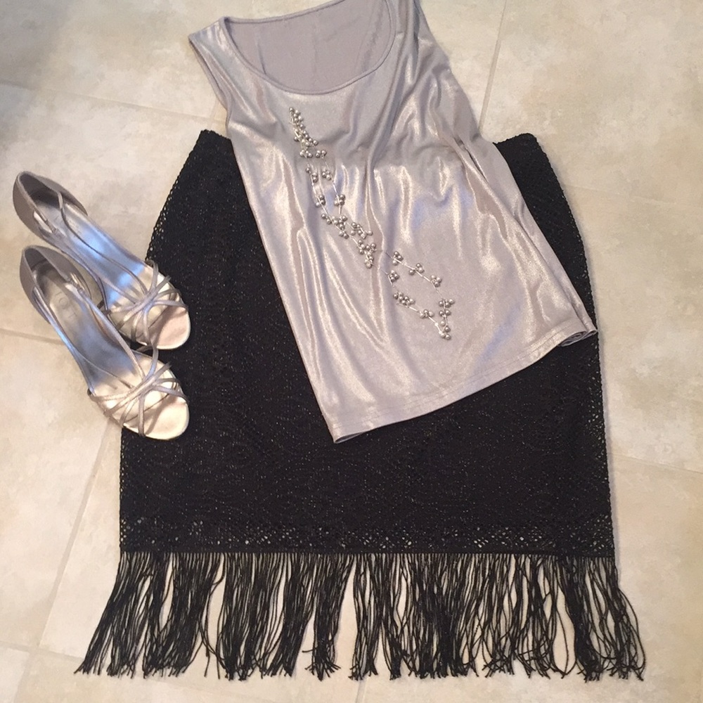 Metallic Black Lace Fringe Skirt